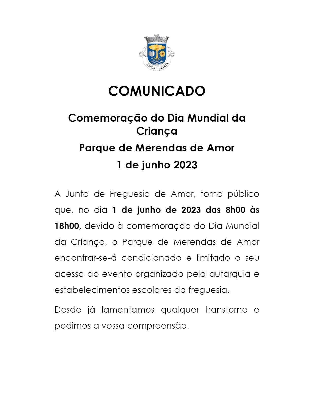 Imagem Comunicado: Parque de Merendas de Amor condicionado em 01 de junho - Comemoração Dia da Criança