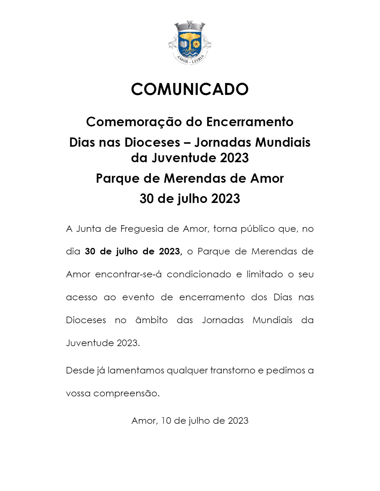 Imagem Comunicado: Parque de Merendas de Amor condicionado em 30 de julho - encerramento dos Dias nas Dioceses - Jornadas Mundiais da Juventude 2023