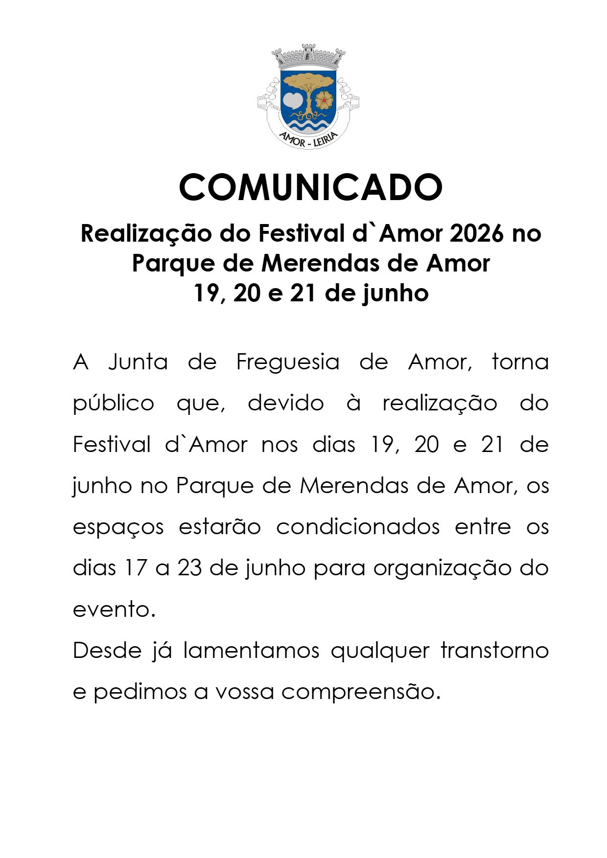 Notícia Comunicado: Parque de Merendas de Amor condicionado - Festival d`Amor 2026